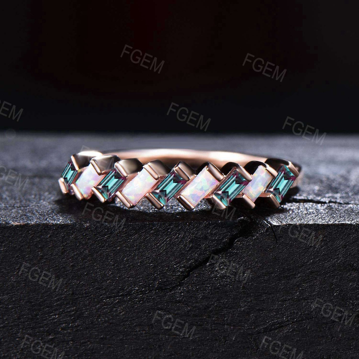 Dainty Baguette Opal Alexandrite Wedding Band 10K Gold Art Deco Half Eternity Minimalist Opal Ring Stacking Matching Band Anniversary Gifts