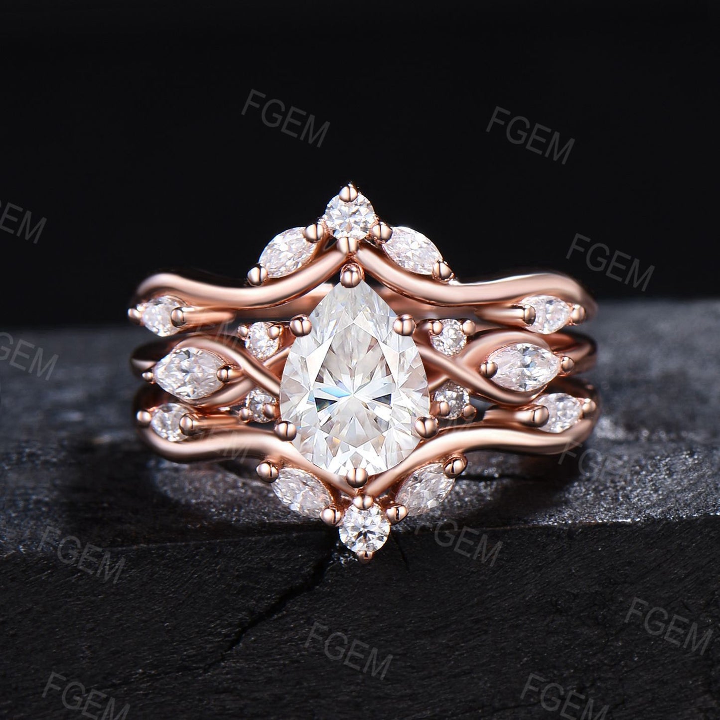 14k Rose Gold Teardrop Moissanite Engagement Ring Set Enhancer Guard Ring Double Curved Moissanite Wedding Ring Proposal Gift