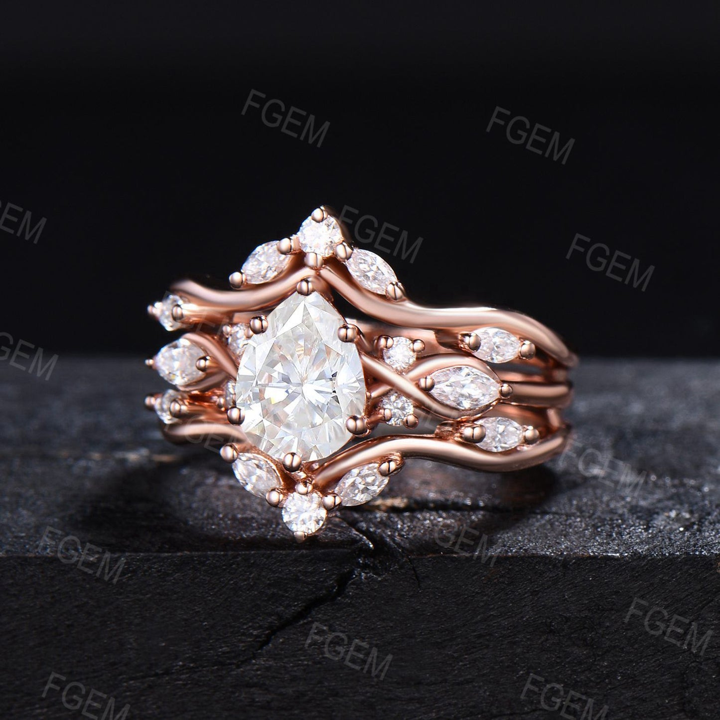 14k Rose Gold Teardrop Moissanite Engagement Ring Set Enhancer Guard Ring Double Curved Moissanite Wedding Ring Proposal Gift