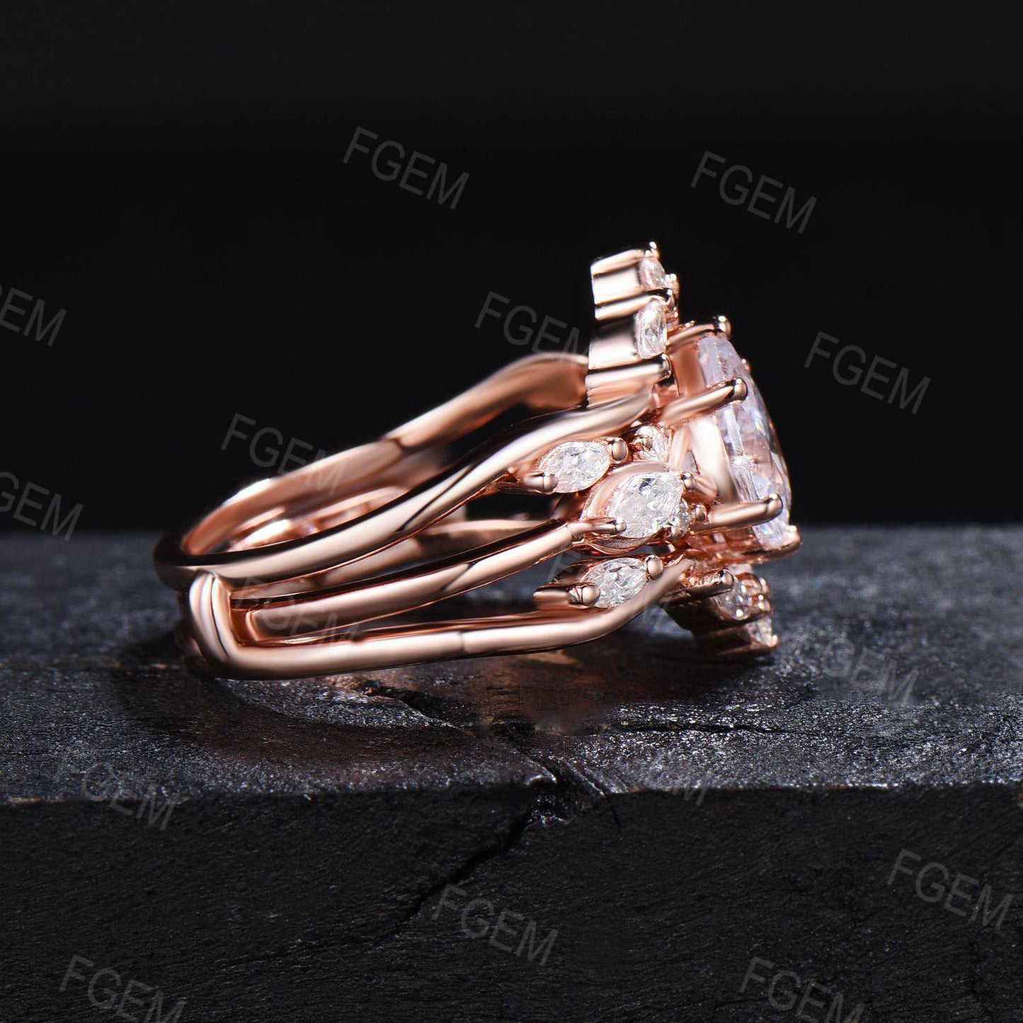 14k Rose Gold Teardrop Moissanite Engagement Ring Set Enhancer Guard Ring Double Curved Moissanite Wedding Ring Proposal Gift