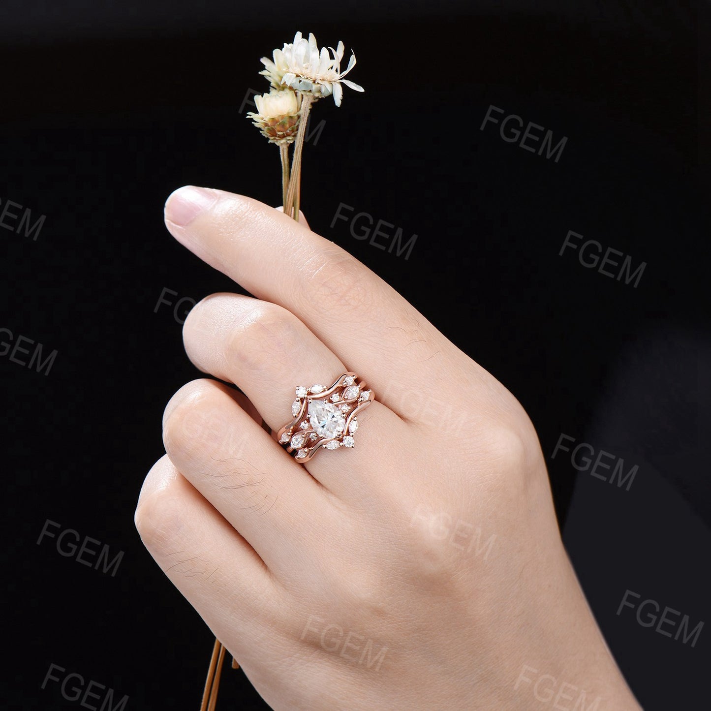 14k Rose Gold Teardrop Moissanite Engagement Ring Set Enhancer Guard Ring Double Curved Moissanite Wedding Ring Proposal Gift