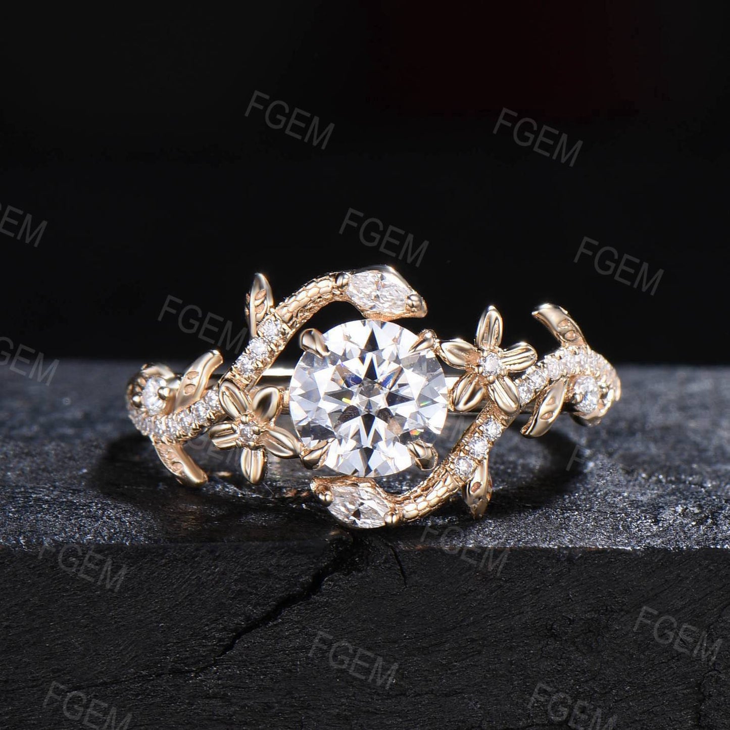 Gold Snake Ring 1ct Floral Round Moissanite Engagement Ring Nature Style Leaf Vine Moissanite Wedding Ring Antique Serpent Ring Promise Gift