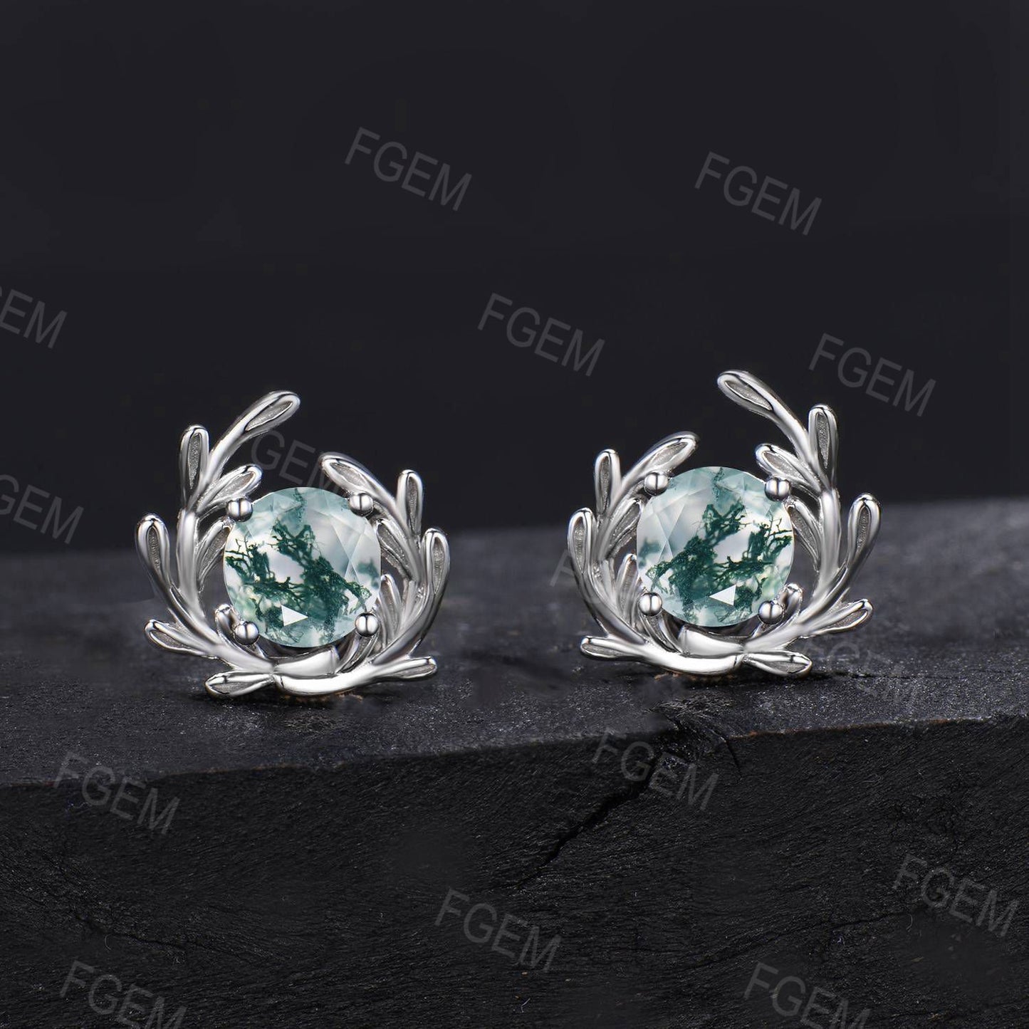 Natural Moss Agate Leaf Stud Earring White Gold Twig Vine Earrings Round Green Moss Solitaire Earrings Silver Boho Earrings Anniversary Gift