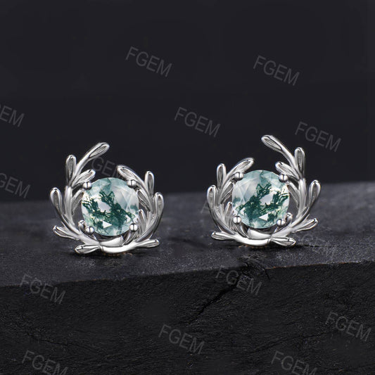 Natural Moss Agate Leaf Stud Earring White Gold Twig Vine Earrings Round Green Moss Solitaire Earrings Silver Boho Earrings Anniversary Gift