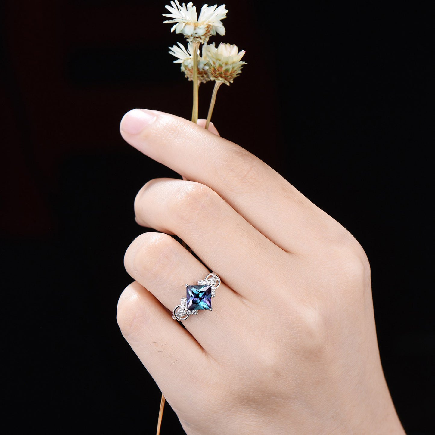 Butterfly Alexandrite Engagement Ring Set 2CT Princess Cut Alexandrite Ring Solid Gold Moissanite Filigree Wedding Ring Women Gift