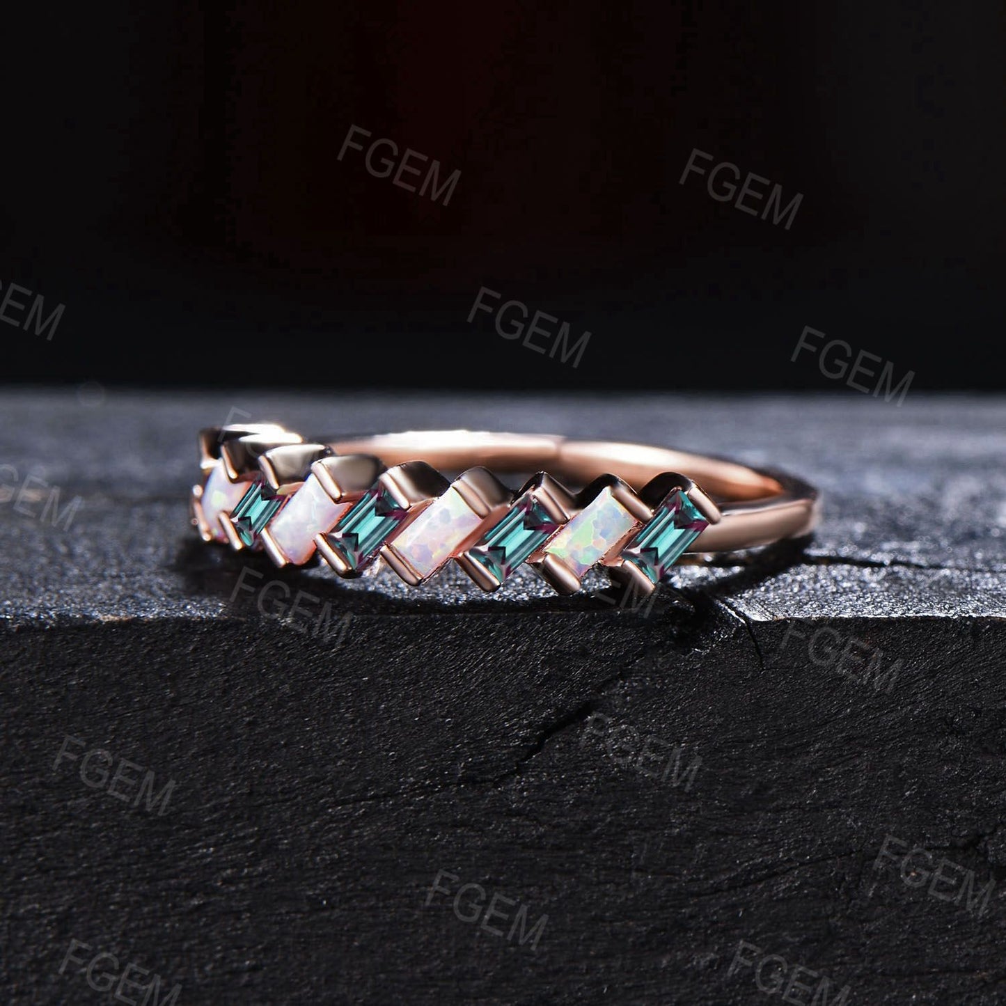 Dainty Baguette Opal Alexandrite Wedding Band 10K Gold Art Deco Half Eternity Minimalist Opal Ring Stacking Matching Band Anniversary Gifts