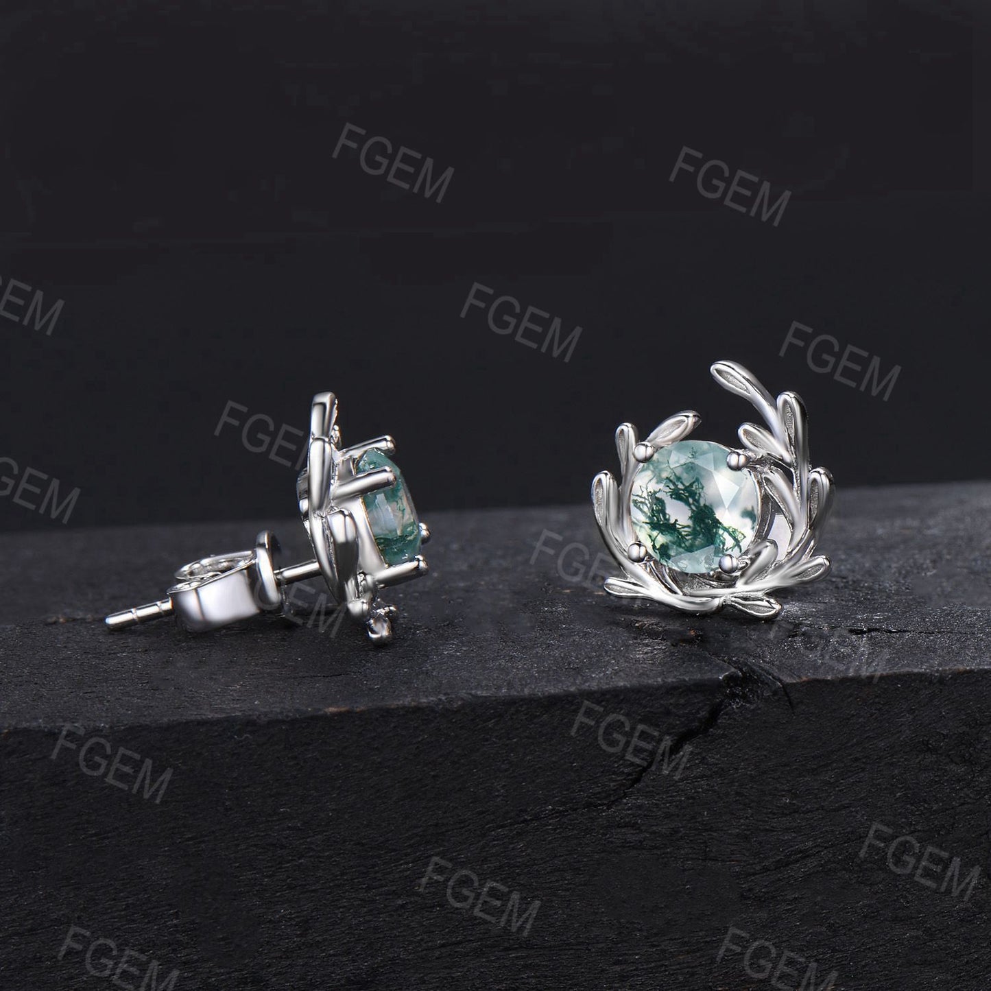 Natural Moss Agate Leaf Stud Earring White Gold Twig Vine Earrings Round Green Moss Solitaire Earrings Silver Boho Earrings Anniversary Gift