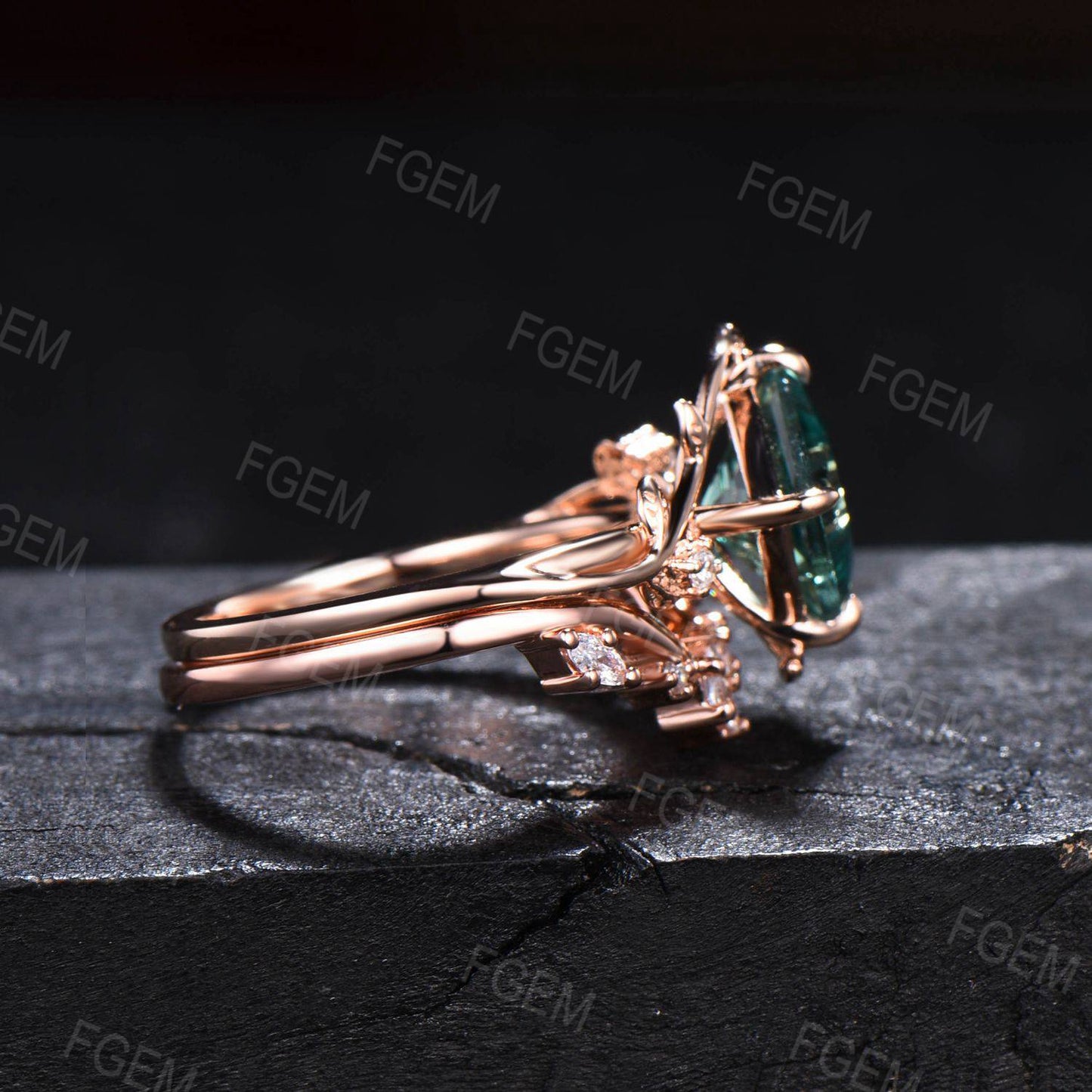 Nature Inspired Green Sapphire Moissanite Diamond Ring Set 7mm Princess Cut Green Blue Montana Teal Sapphire Branch Leaf Engagement Ring for Women