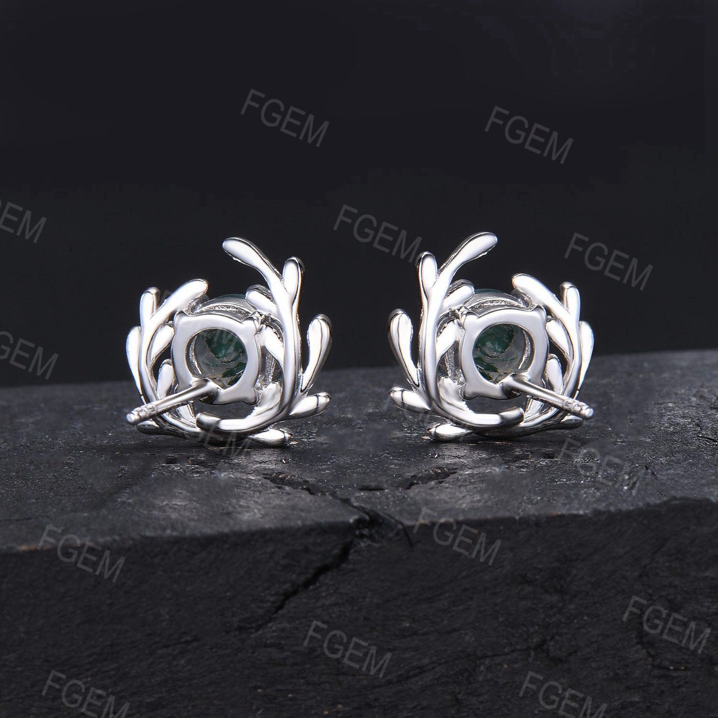Natural Moss Agate Leaf Stud Earring White Gold Twig Vine Earrings Round Green Moss Solitaire Earrings Silver Boho Earrings Anniversary Gift