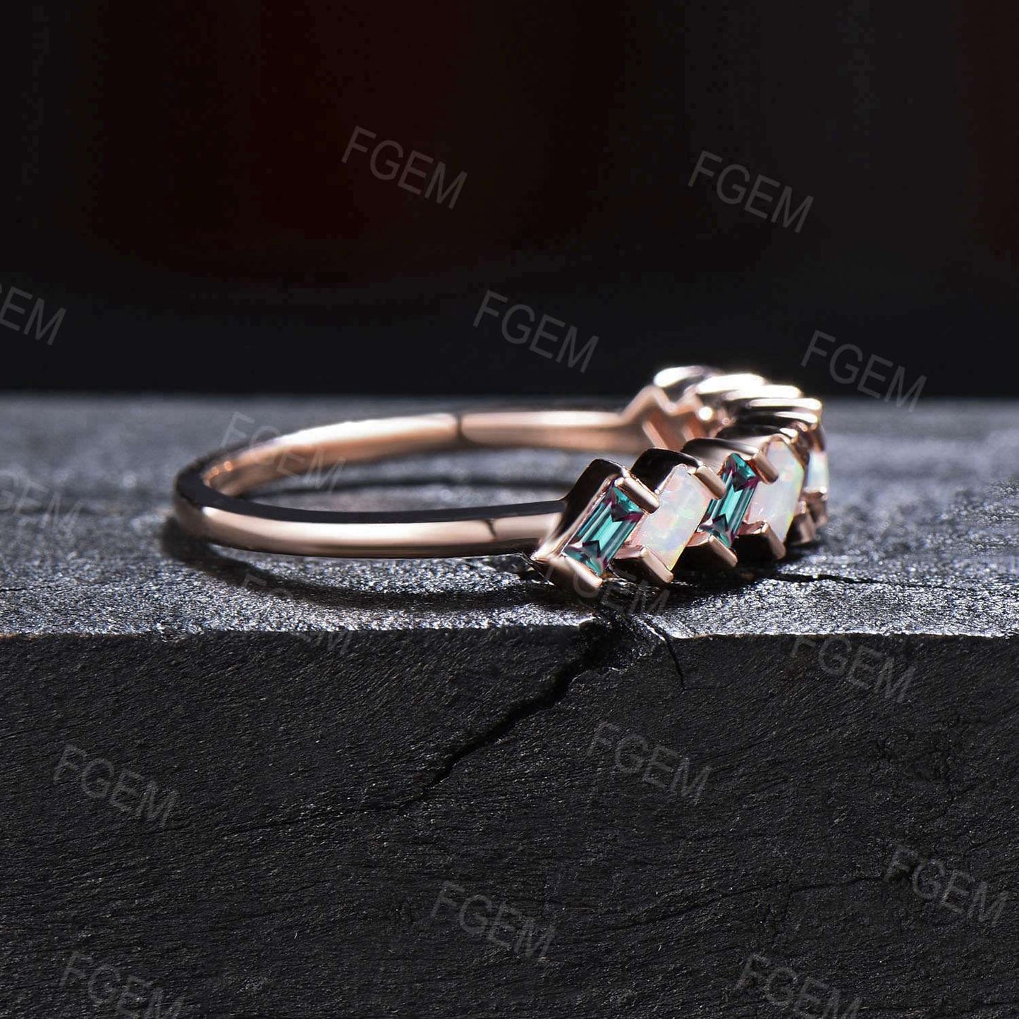 Dainty Baguette Opal Alexandrite Wedding Band 10K Gold Art Deco Half Eternity Minimalist Opal Ring Stacking Matching Band Anniversary Gifts