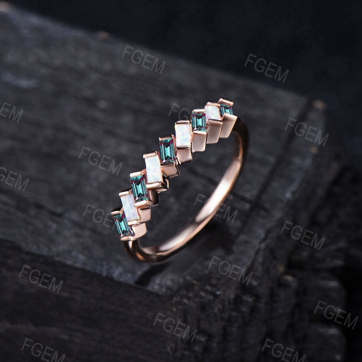 Dainty Baguette Opal Alexandrite Wedding Band 10K Gold Art Deco Half Eternity Minimalist Opal Ring Stacking Matching Band Anniversary Gifts