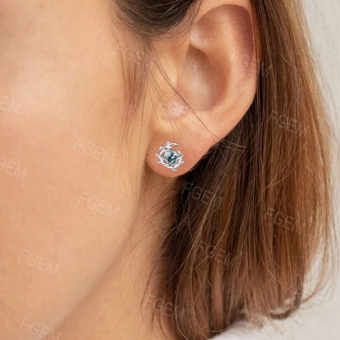 Natural Moss Agate Leaf Stud Earring White Gold Twig Vine Earrings Round Green Moss Solitaire Earrings Silver Boho Earrings Anniversary Gift