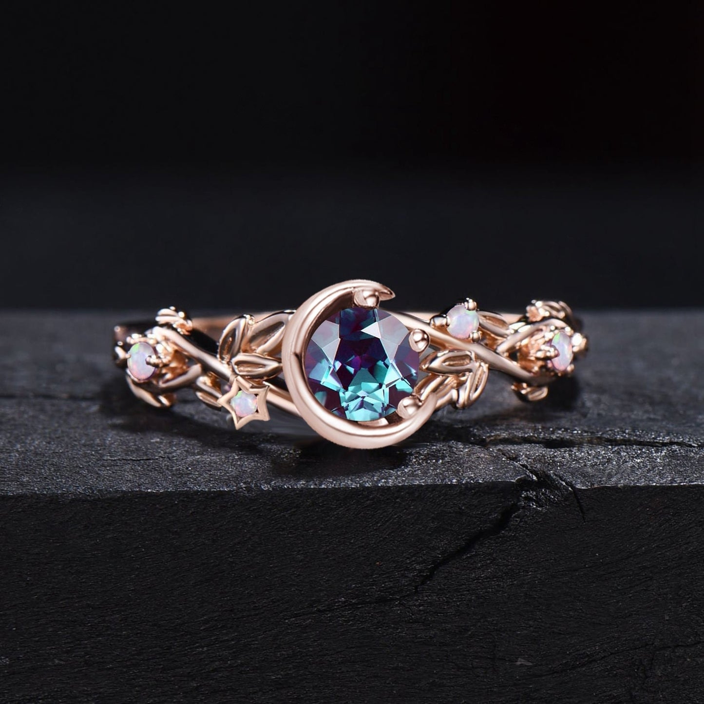 Nature Inspired Color-Change Alexandrite Amethyst Engagement Ring Moon Star Design Round Alexandrite Ring Branch Leaf Amethyst Wedding Ring