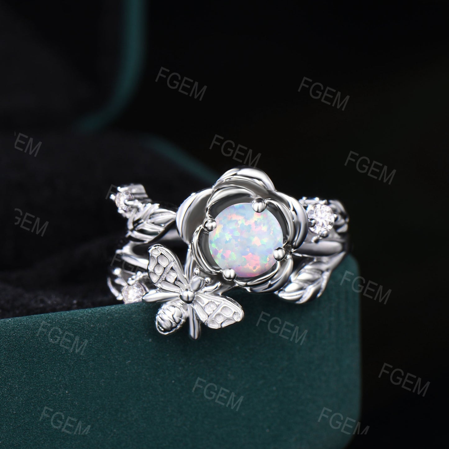 Honey Bee Rose Flower Engagement Ring 5mm Round Cut White Opal Engagement Ring Nature Inspired Leaf Floral Opal Ring October Birthstone Gift