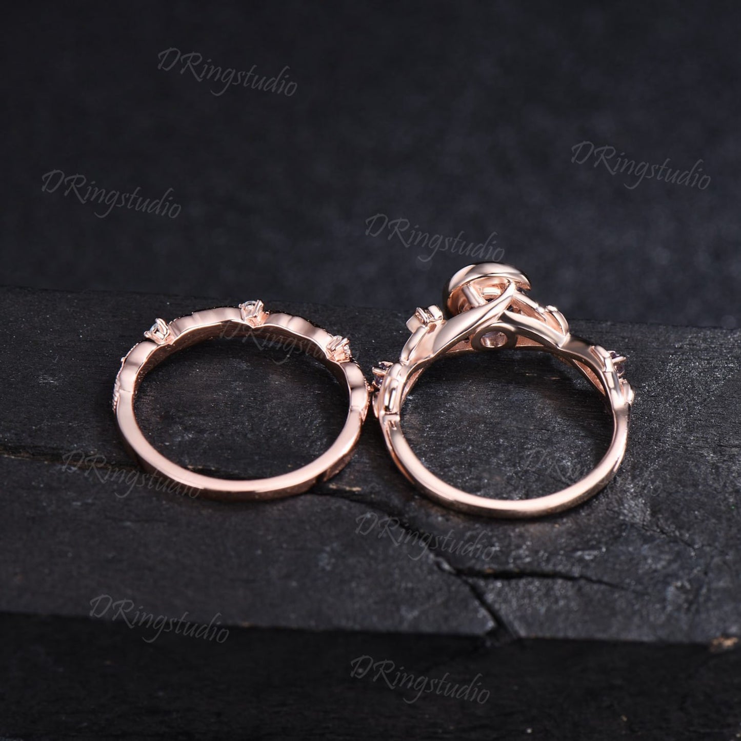 Moon Star Galaxy Blue Sandstone Ring Set Nature Inspired Alexandrite Leafy Ring Leaf Vine Sandstone Bridal Set Nebula Ring Proposal Gifts