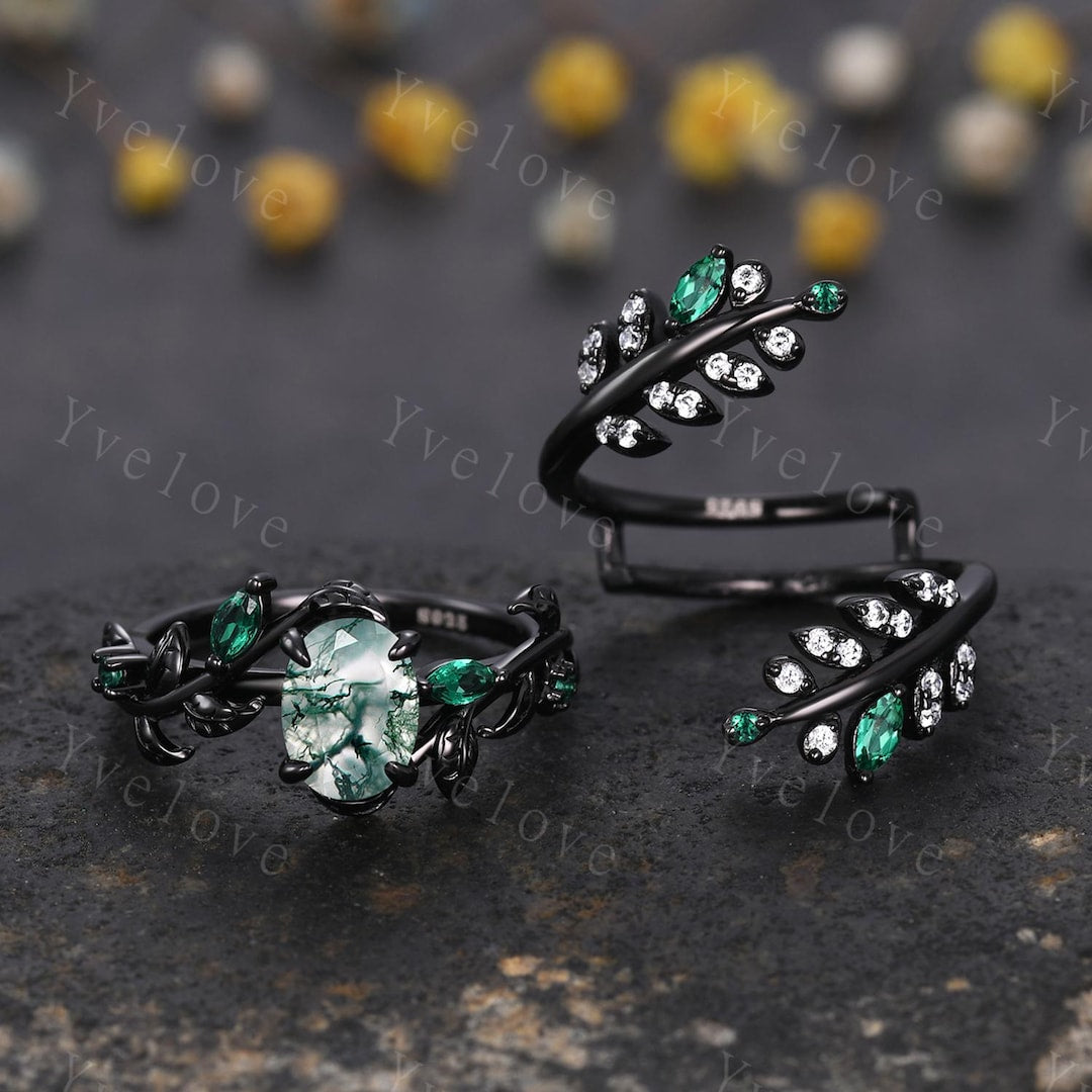 Black Gold Leaf Moss Agate Emerald Engagement Enhancer Wrap Bridal Ring Set