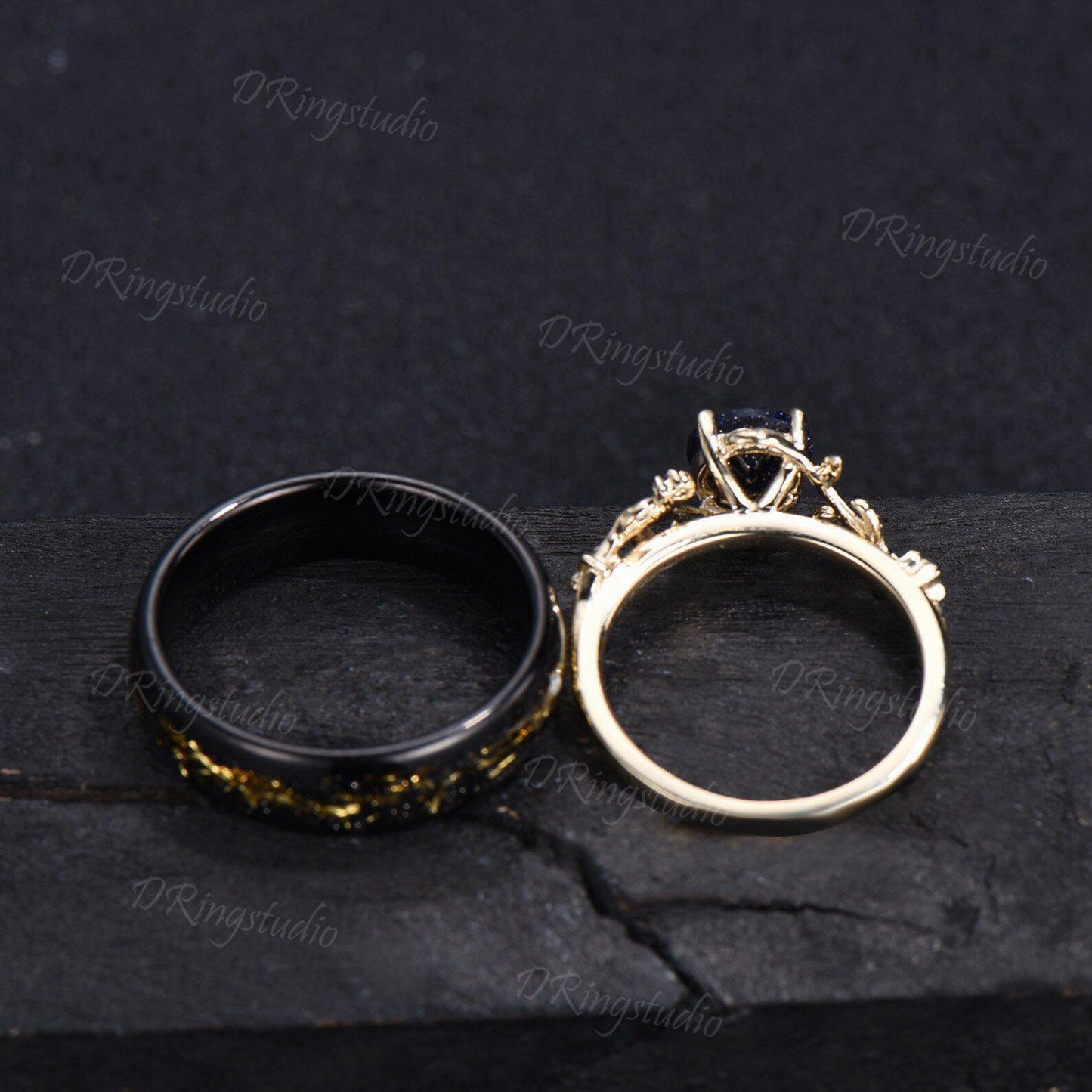 Starry Sky Blue Sandstone Couple Rings Set Vintage Gold Foil Tungsten Wedding Band 14k Gold Celestial Galaxy Engagement Ring for Her & Him