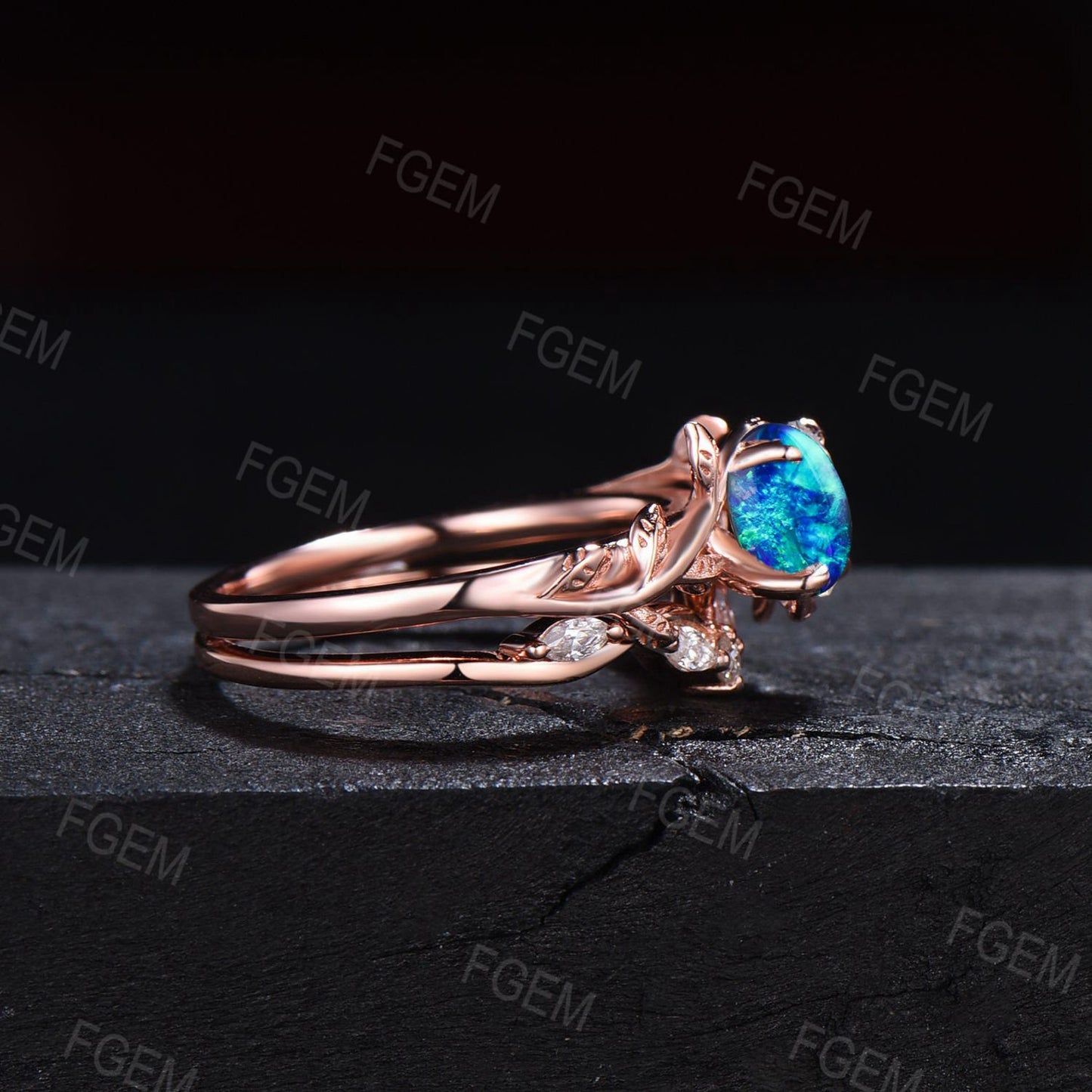 1ct Round Cut Leaf Branch Blue Fire Opal Engagement Ring Set 10K Rose Gold Twig Nature Inspired Dark Blue Opal Moissanite Promise Ring Gift