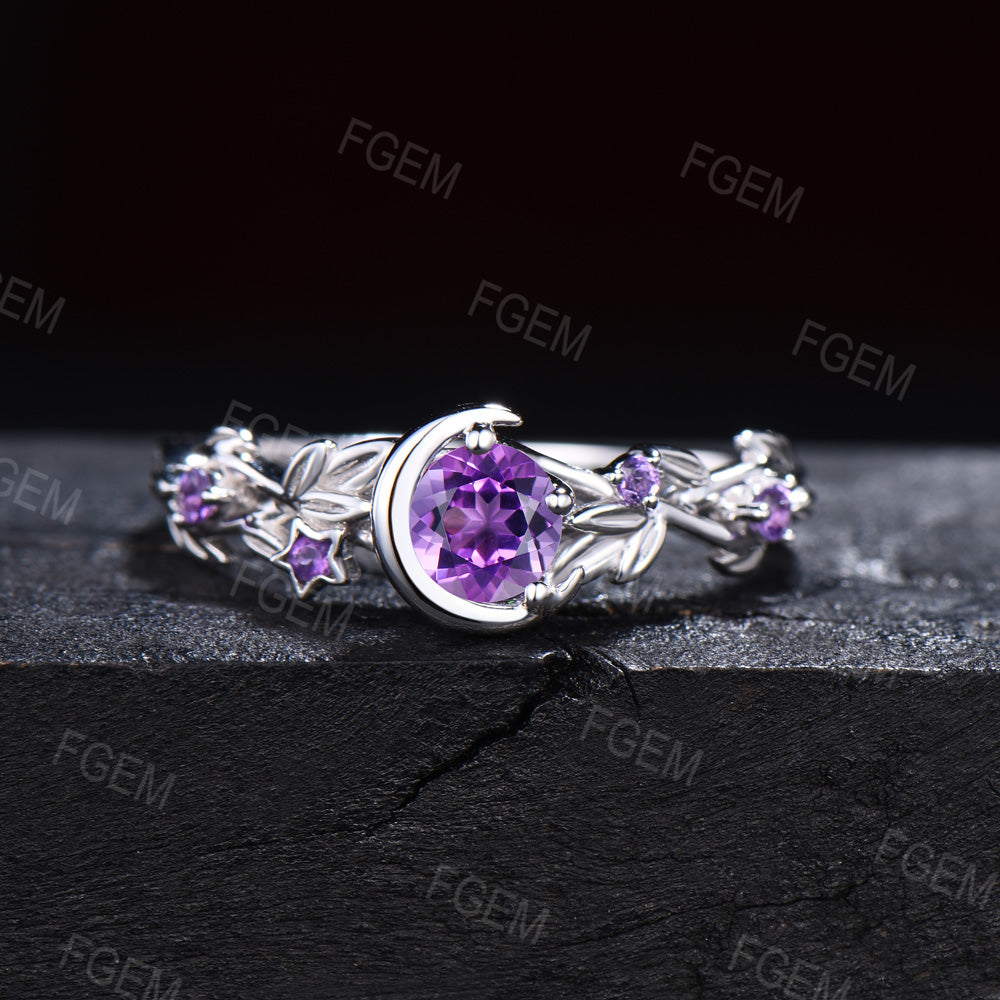 Nature Inspired Natural Amethyst Engagement Ring Moon Star Design Purple Crystal 5mm Round Amethyst Wedding Ring February Birthstone Gifts