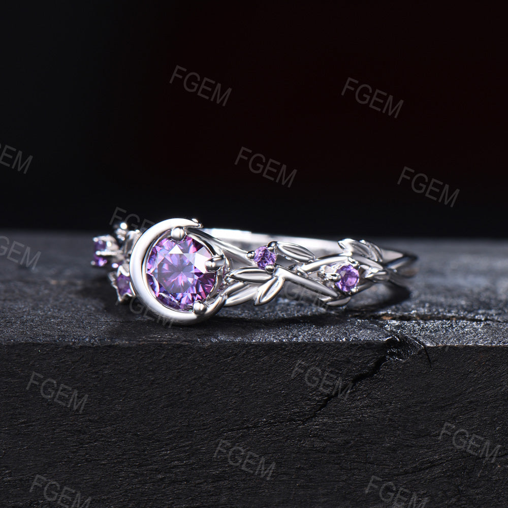 Nature Inspired Natural Amethyst Engagement Ring Moon Star Design Purple Crystal 5mm Round Amethyst Wedding Ring February Birthstone Gifts