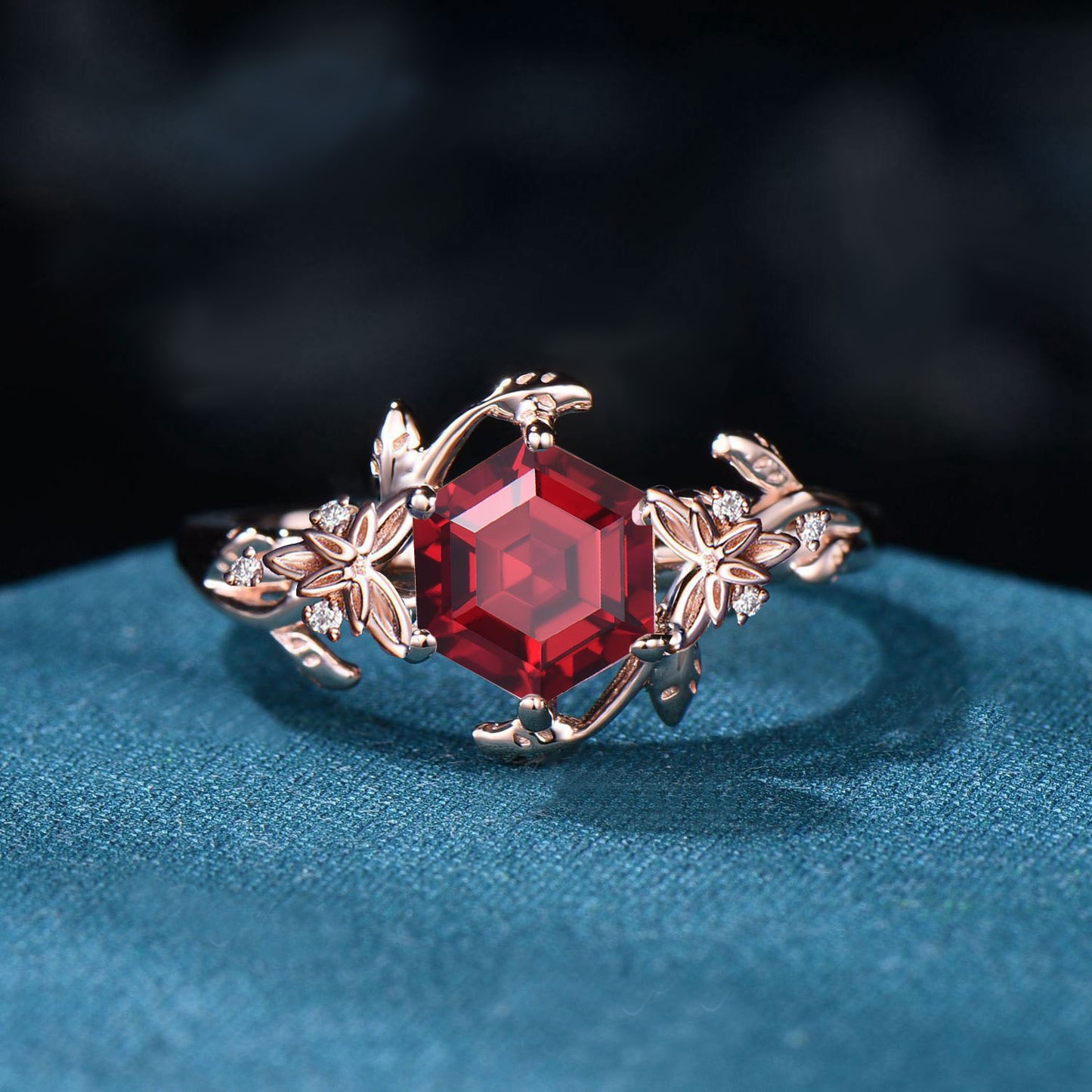Hexagon Cut Ruby Engagement Ring Rose Gold Celtic Wedding Ring Branch Leaf Ruby Ring Red Gemstone Ring July Birthstone Proposal Women Gifts