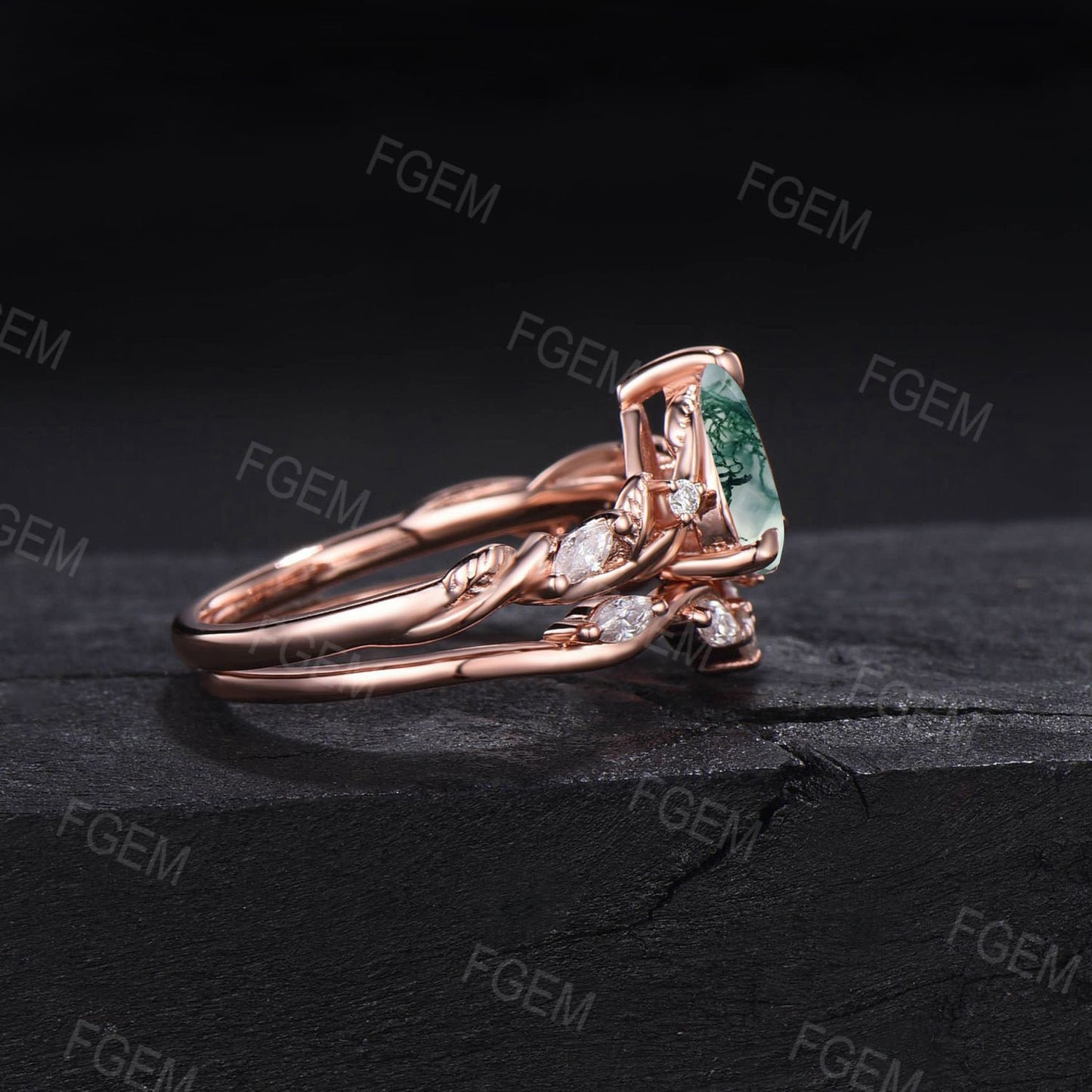 Pear Shape Natural Moss Agate Ring Set 10K Rose Gold Vintage Branch Twist Moissanite Ring Nature Inspired Moss Wedding Ring Anniversary Gift