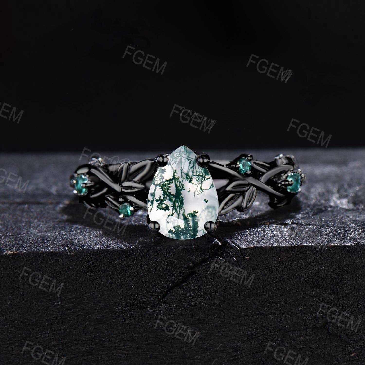 Black Gold Twig Ring Teardrop Natural Moss Agate Engagement Ring