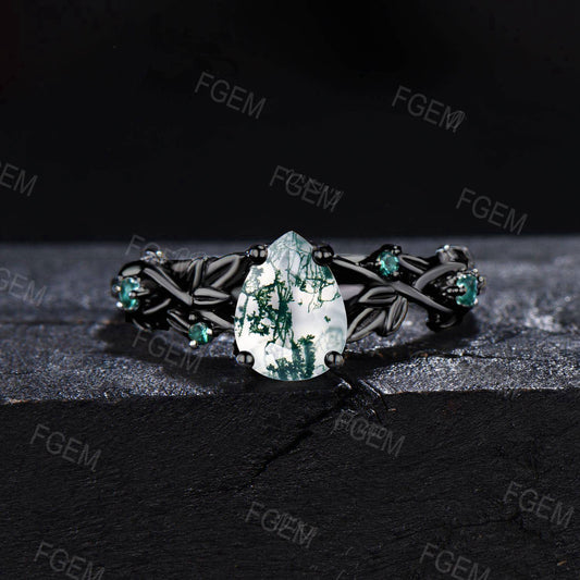 Black Gold Twig Ring Teardrop Natural Moss Agate Engagement Ring Branch Leaf Emerald Agate Stone Wedding Ring Green Gemstone Proposal Gifts