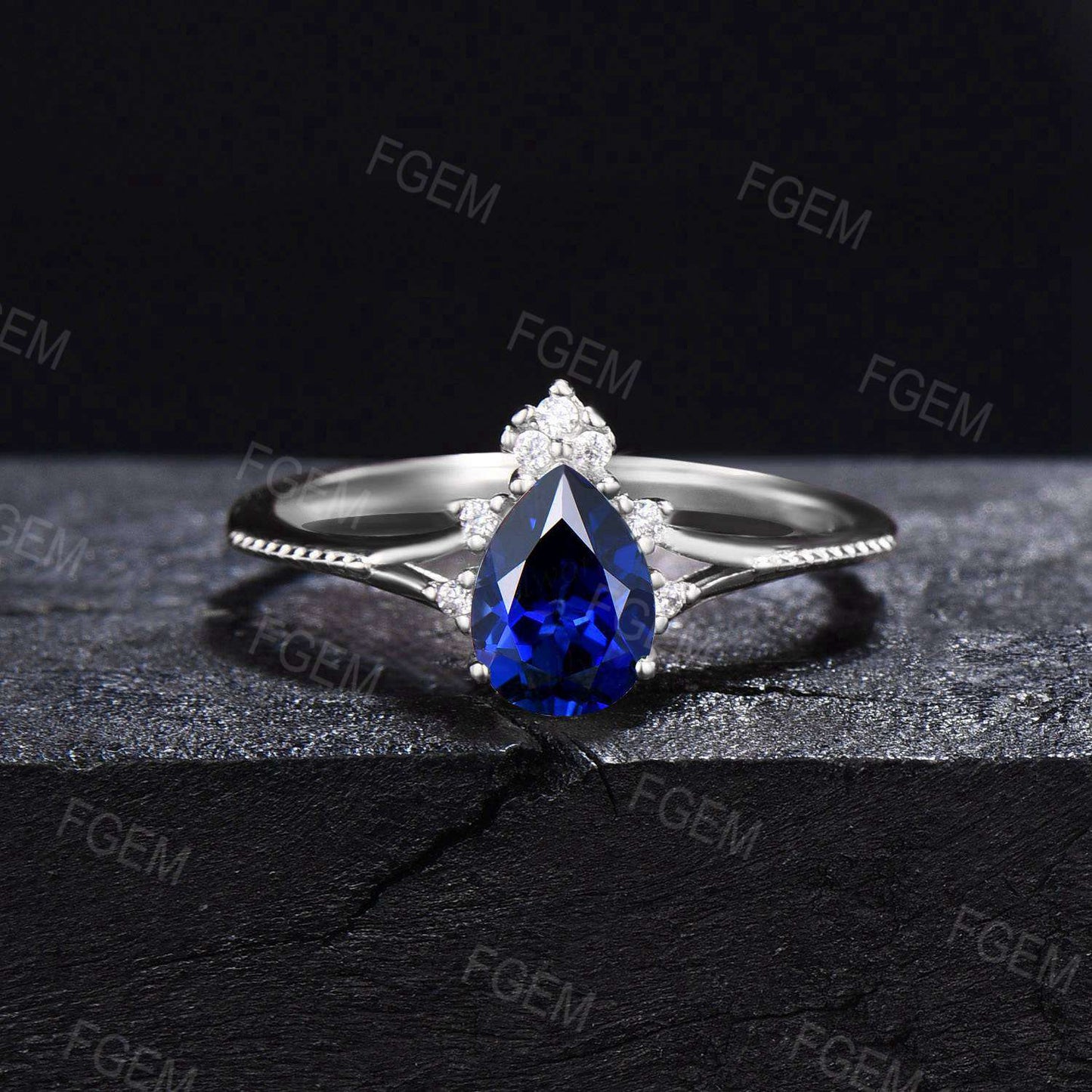Nature Inspired Pear Blue Sapphire Ring Set Vintage Sapphire Milgrain Bridal Set Unique Leaf Band Natural London Blue Topaz Ring Women Gifts
