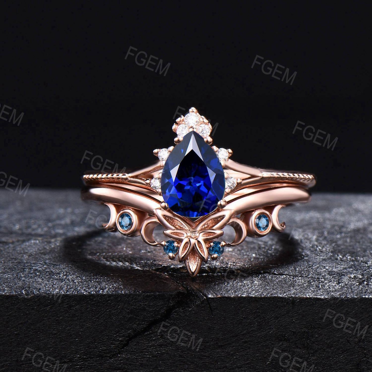 Nature Inspired Pear Blue Sapphire Ring Set Vintage Sapphire Milgrain Bridal Set Unique Leaf Band Natural London Blue Topaz Ring Women Gifts