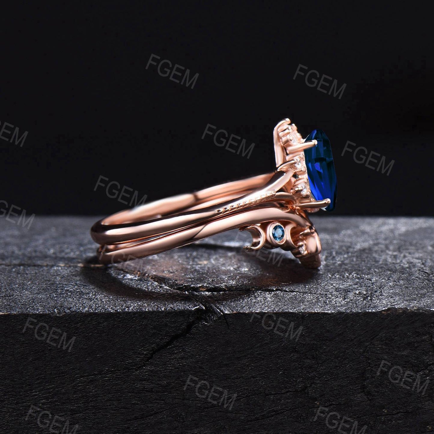Nature Inspired Pear Blue Sapphire Ring Set Vintage Sapphire Milgrain Bridal Set Unique Leaf Band Natural London Blue Topaz Ring Women Gifts