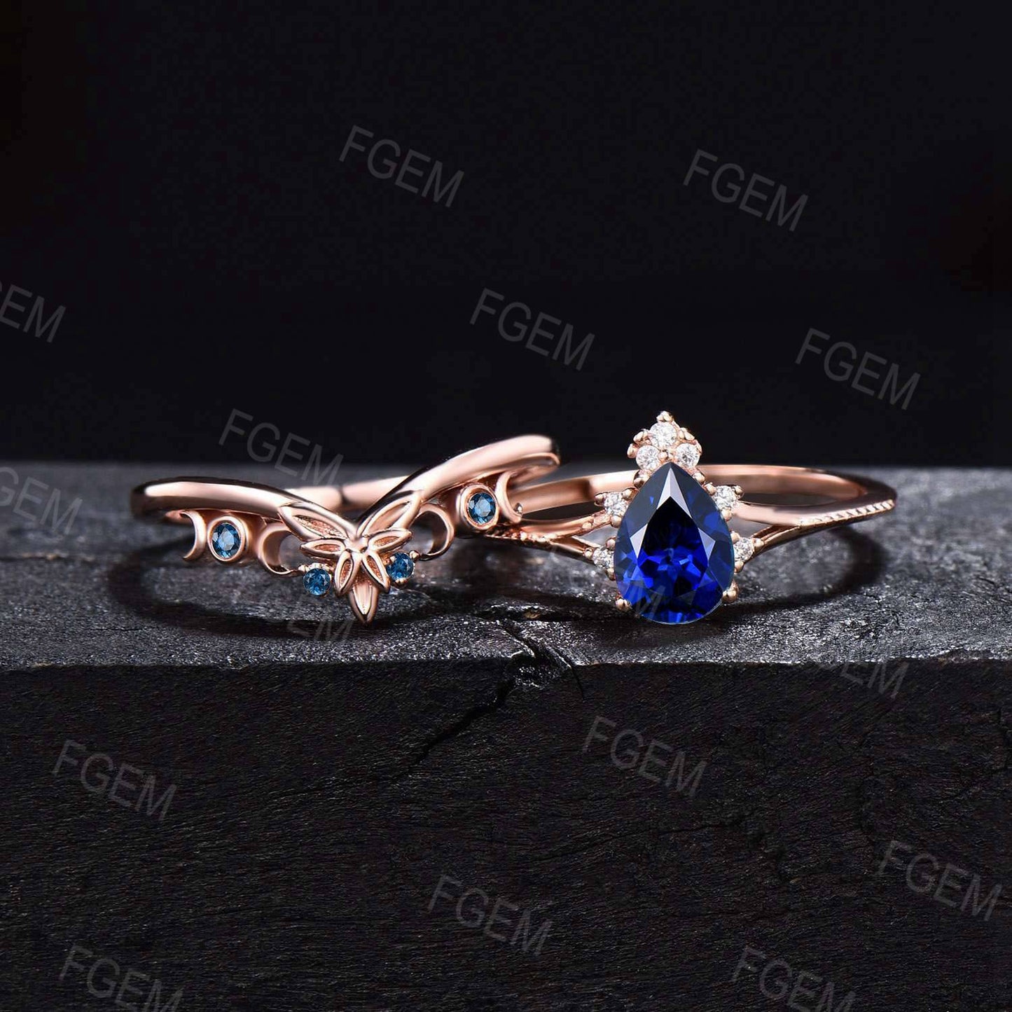 Nature Inspired Pear Blue Sapphire Ring Set Vintage Sapphire Milgrain Bridal Set Unique Leaf Band Natural London Blue Topaz Ring Women Gifts