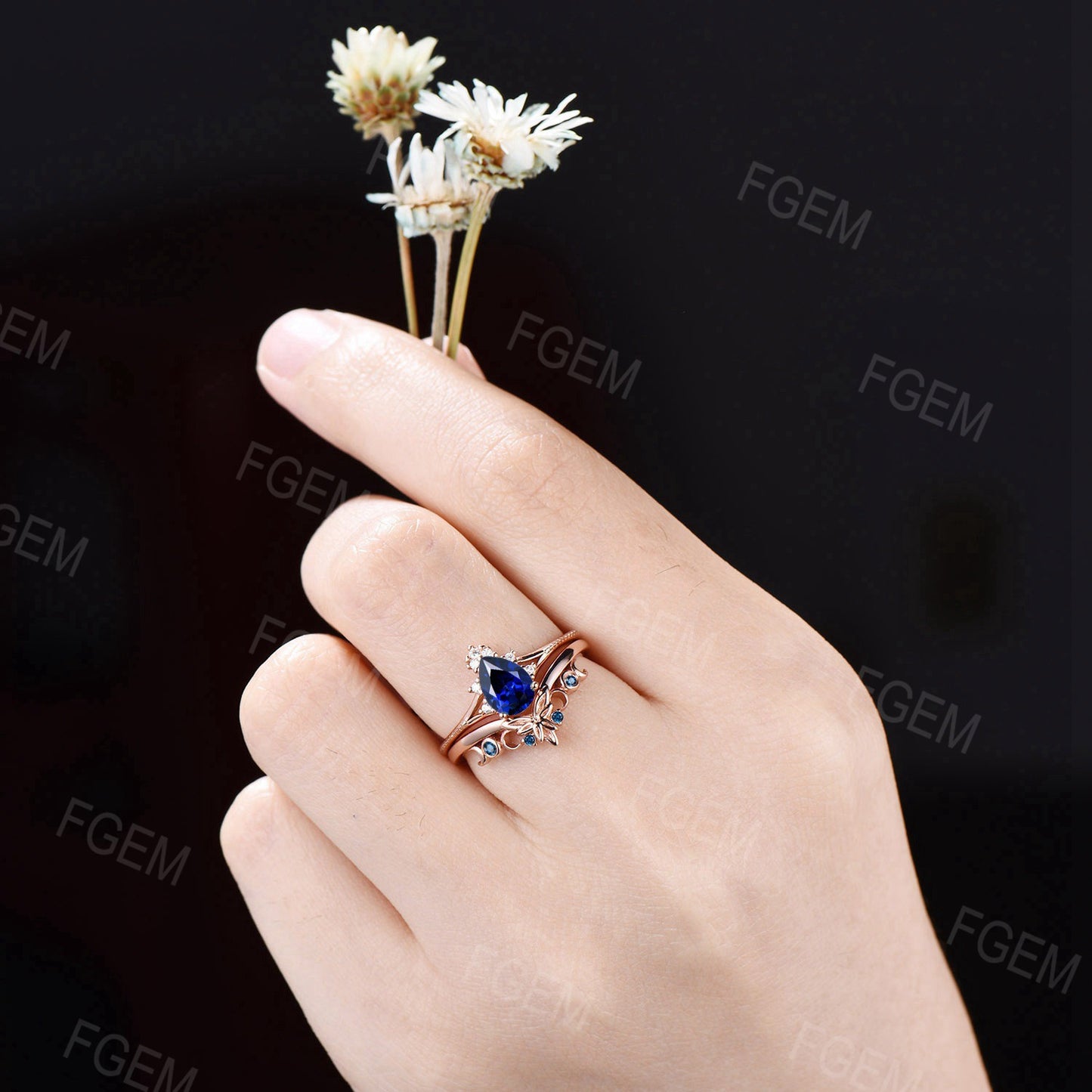 Nature Inspired Pear Blue Sapphire Ring Set Vintage Sapphire Milgrain Bridal Set Unique Leaf Band Natural London Blue Topaz Ring Women Gifts