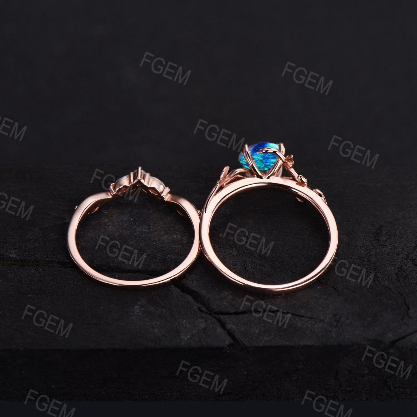 1ct Round Cut Leaf Branch Blue Fire Opal Engagement Ring Set 10K Rose Gold Twig Nature Inspired Dark Blue Opal Moissanite Promise Ring Gift