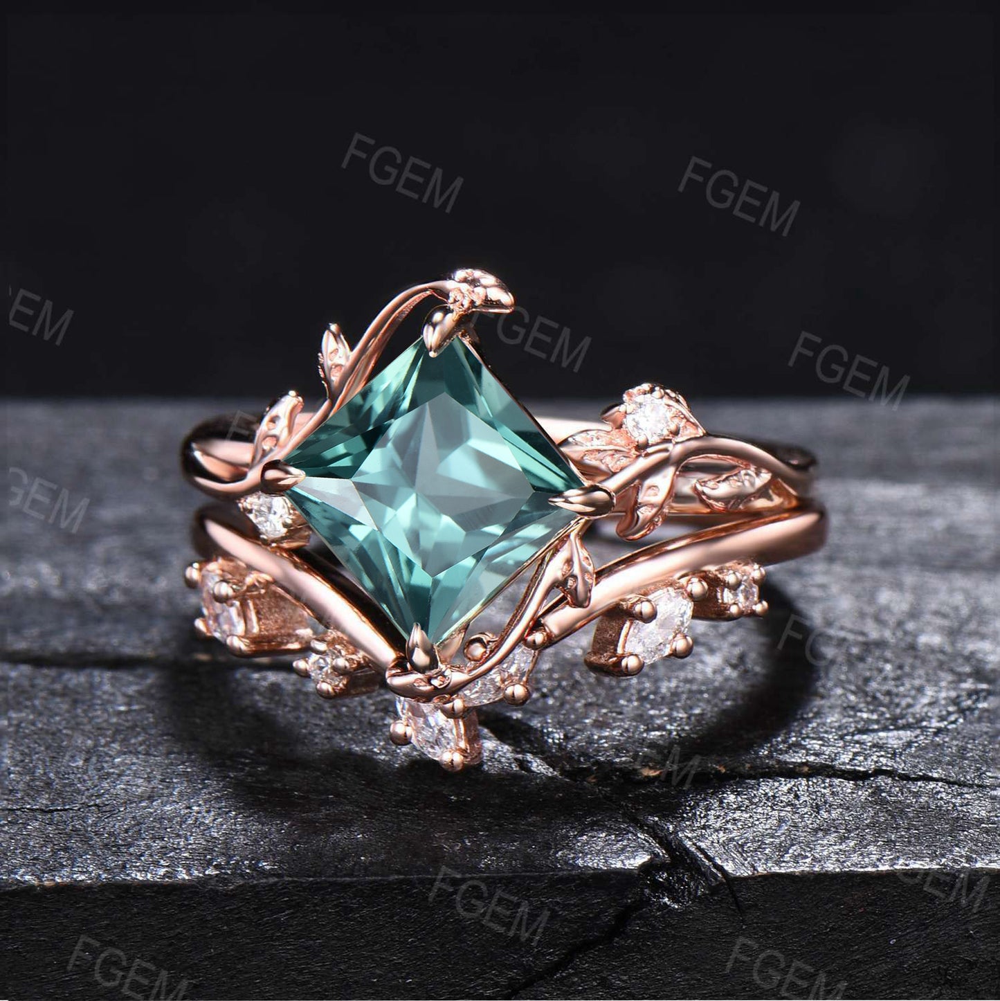 Nature Inspired Green Sapphire Moissanite Diamond Ring Set 7mm Princess Cut Green Blue Montana Teal Sapphire Branch Leaf Engagement Ring for Women