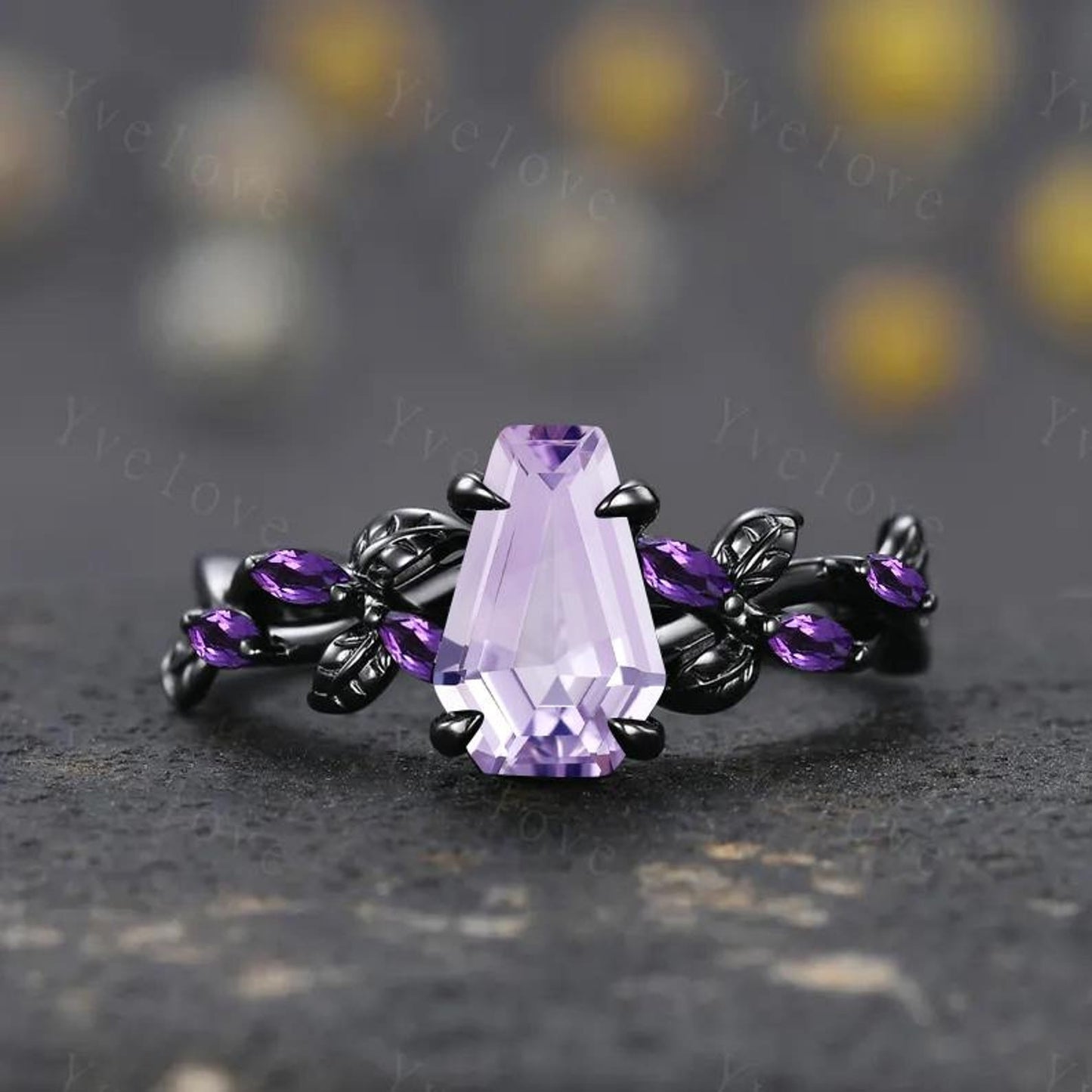 Coffin Shape Lavender Amethyst Ring,Vintage Twig Vine Leaf Ring,Antique Amethyst Bridal Promise Ring Set Anniversary Gift Black Gold band