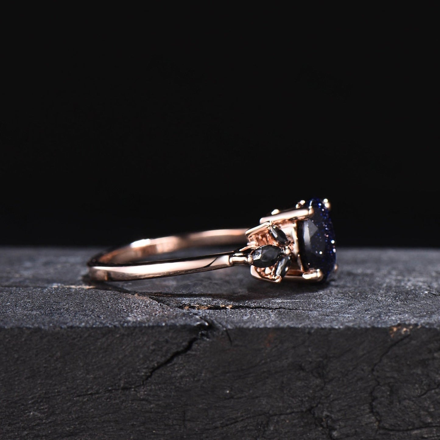 1.5ct Oval Cut Blue Sandstone Cluster Engagement Rings Galaxy Starry Sky Ring Black Gemstone Ring Unique Handmade Proposal Gifts for Women