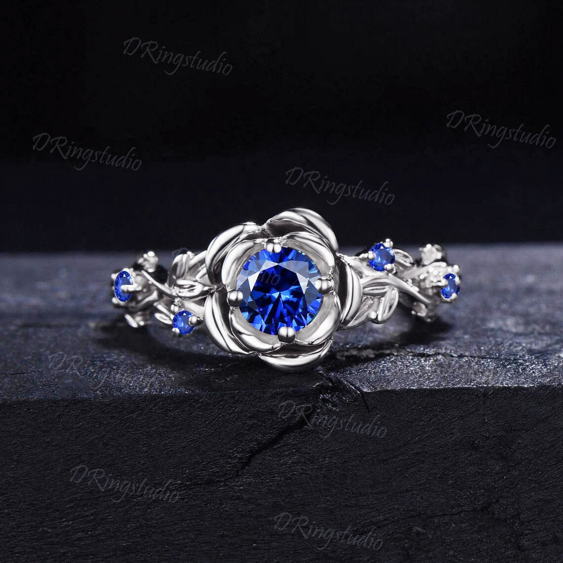 5mm Nature Inspired Blue Sapphire Ring 10K Yellow Gold Twig Leaf Rose Flower Blue Sapphire Nature Engagement Rings Unique Anniversary Gifts