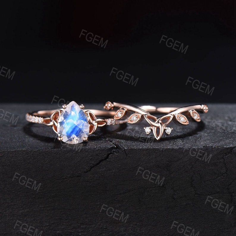 Celtic Moonstone Engagement Ring Set 10K Rose Gold 1.25ct Pear Natural Moonstone Wedding Ring Set Half Eternity Moissanite Trinity Knot Ring
