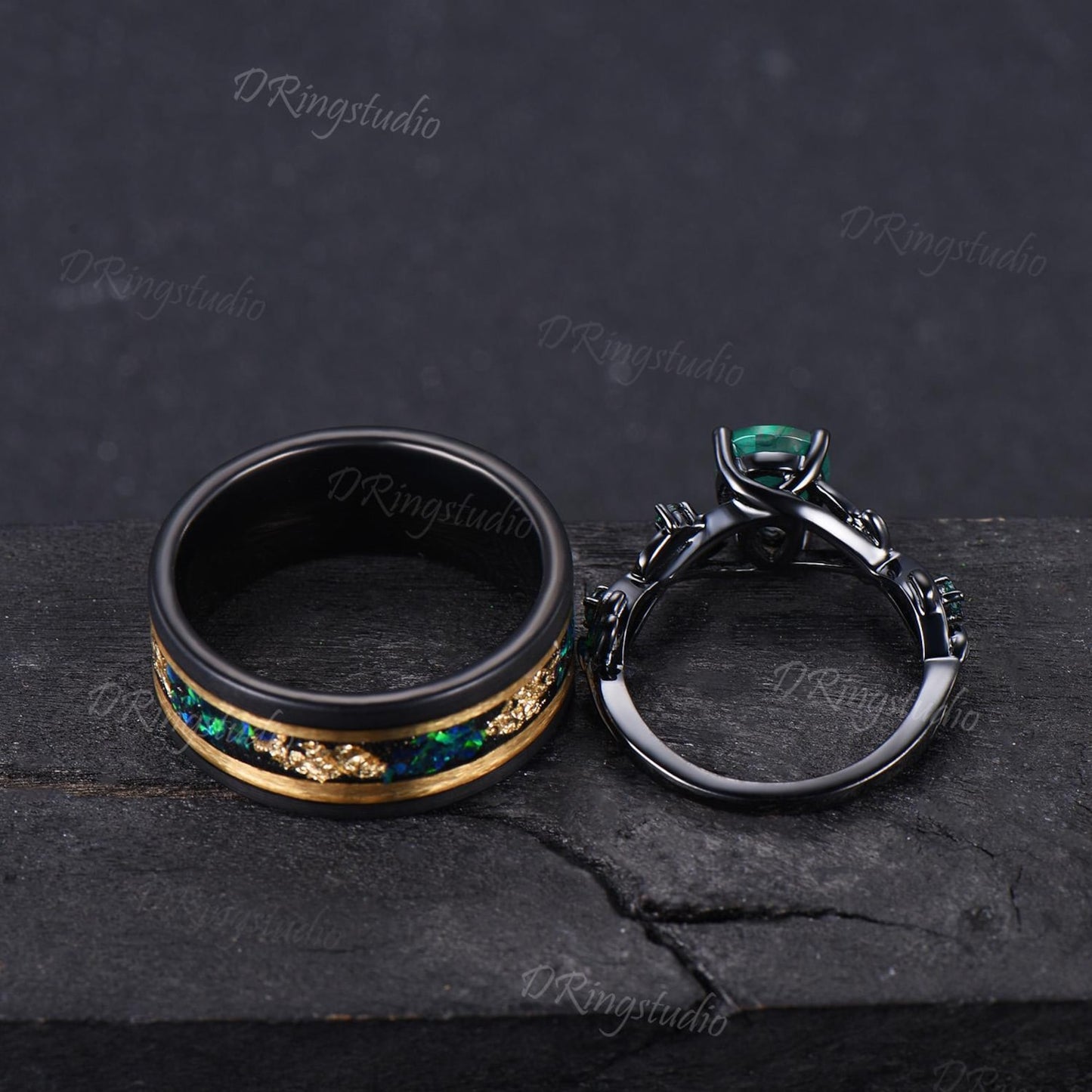 2pcs Pear Green Emerald Couple Set Gothic Black Gold Leaf Vine His and Hers Wedding Ring Nature Inspired Promise Ring Tungsten Matching Band