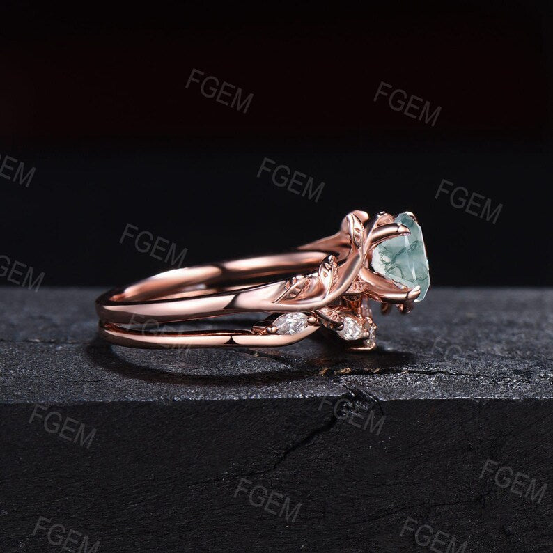 1ct Round Cut Natural Green Moss Agate Bridal Set 14K Rose Gold Branch Solitaire Rings Unique Curve Moissanite Wedding Band Anniversary Gift