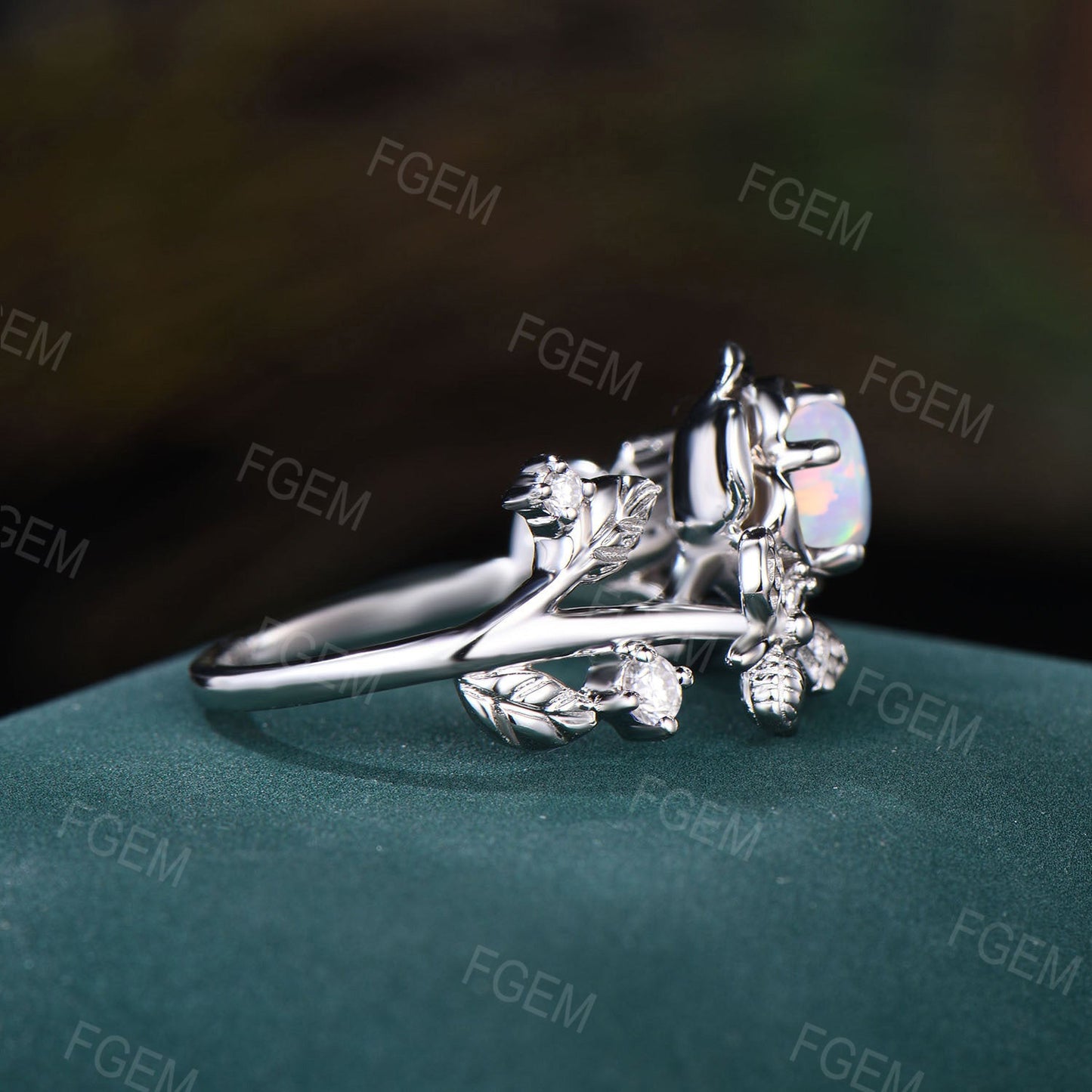 Honey Bee Rose Flower Engagement Ring 5mm Round Cut White Opal Engagement Ring Nature Inspired Leaf Floral Opal Ring October Birthstone Gift
