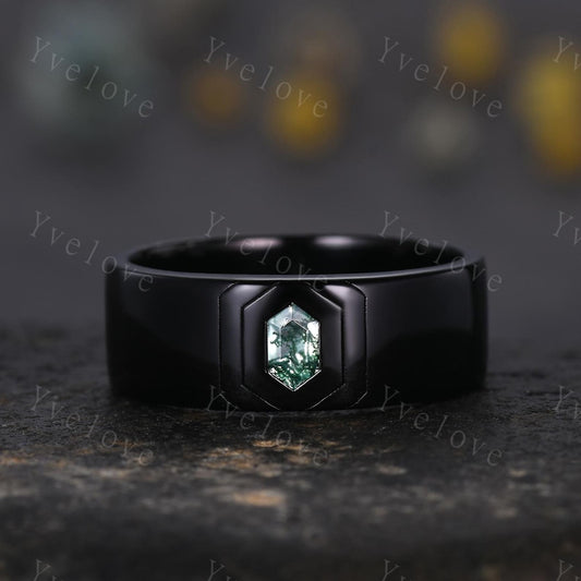 7mm Black Gold Mens Hexagon Moss Agate Wedding Band Nature Inspired Green Agate Engagement Ring Plain Band Mens Stacking Band Promise Ring