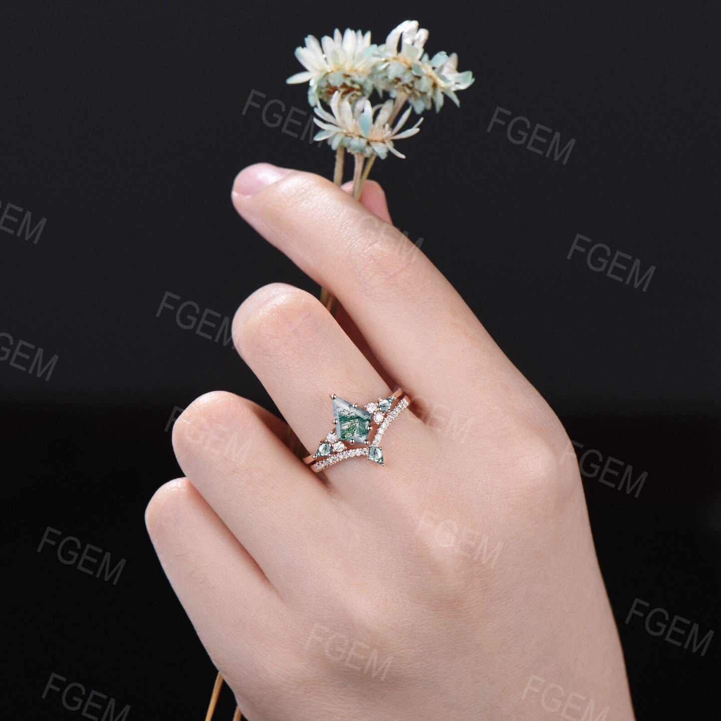 Unique Natural Moss Agate Wedding Ring Vintage 10K14K18K White Gold Kite Moss Agate Moissanite Bridal Set Unique Anniversary Promise Gifts