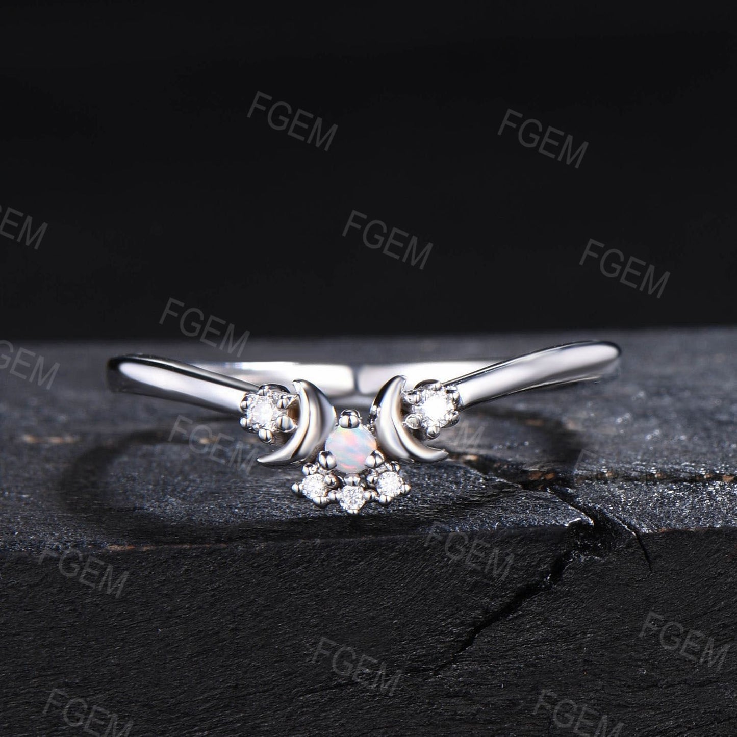 Crescent Moon Opal Diamond Contour Wedding Band Sterling Silver Opal Celestial Nesting Band Vintage Stacking Matching Bridal Ring Gift Women