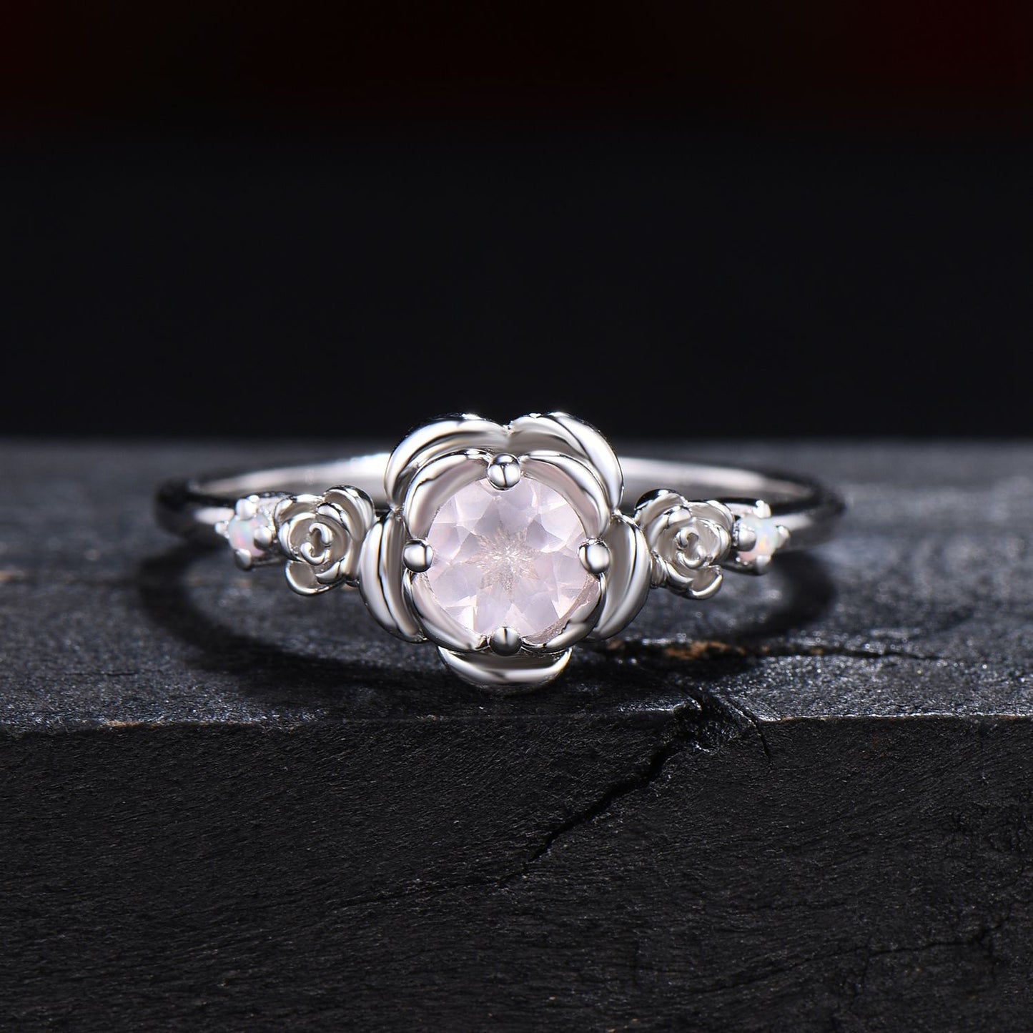 5mm Round Natural Rose Quartz Ring Rose Engagement Rings Pink Crystal Ring Valentine's Day Jewelry Gift for Couple Opal Floral Wedding Ring