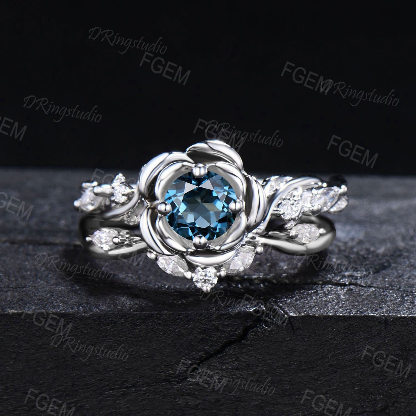 Floral 5mm Round Natural London Blue Topaz Engagement Ring Sterling Silver Branch Leaf Moissanite Bridal Set December Birthstone Women Gift