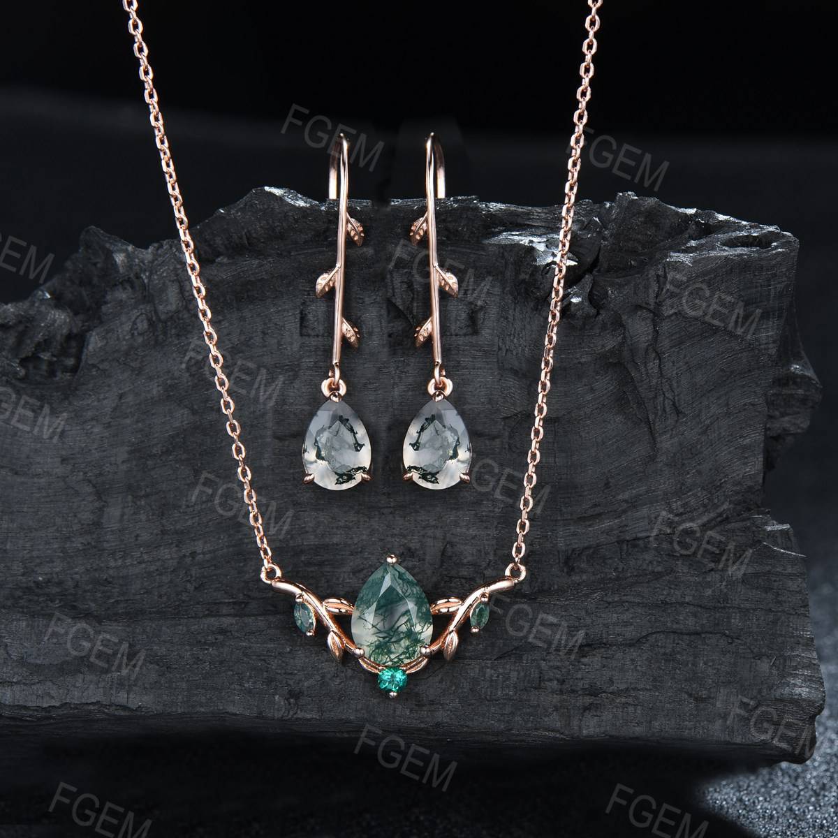 Moss Agate Necklace Earrings Jewelry Set Vintage Teardrop Natural Agate Necklace Rose Gold Leaf Vine Dangle Drops Emerald Bridesmaid Jewelry