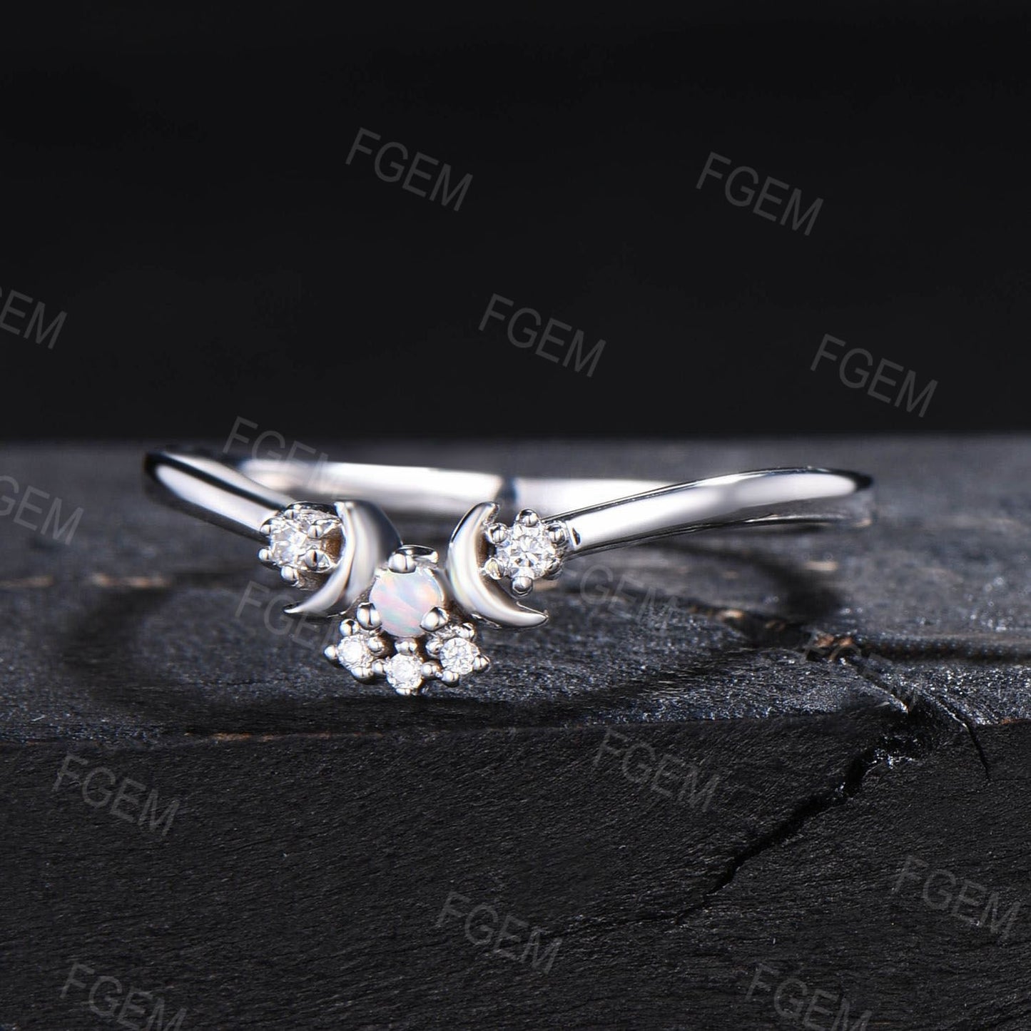 Crescent Moon Opal Diamond Contour Wedding Band Sterling Silver Opal Celestial Nesting Band Vintage Stacking Matching Bridal Ring Gift Women