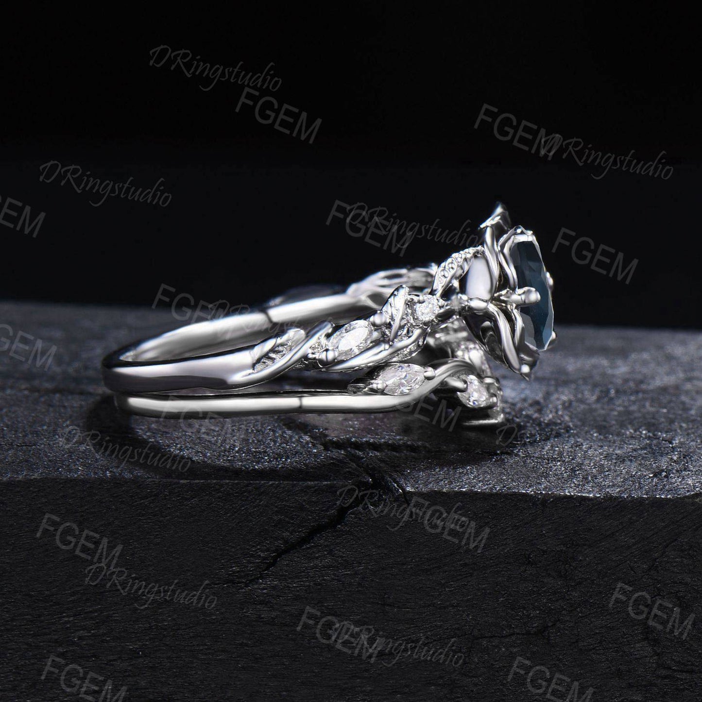 Floral 5mm Round Natural London Blue Topaz Engagement Ring Sterling Silver Branch Leaf Moissanite Bridal Set December Birthstone Women Gift